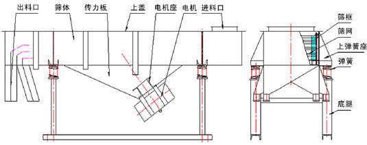 直線振動篩內(nèi)部結(jié)構(gòu)：出料口，篩體，傳力板，上蓋，電機(jī)座，電機(jī)，進(jìn)料口，篩框，篩網(wǎng)，上彈簧座，彈簧，底腿。