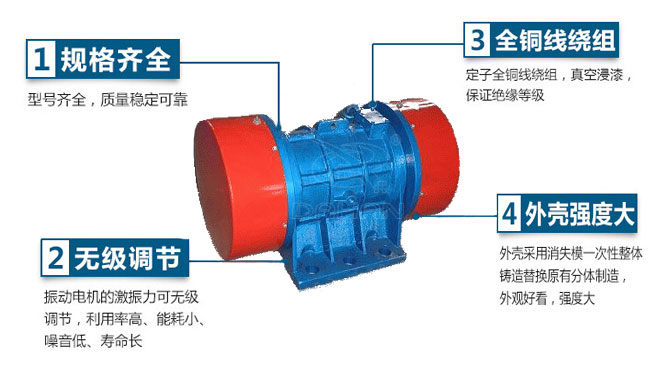 VB振動(dòng)電機(jī)特點(diǎn)：1，規(guī)格齊全：型號(hào)齊全，質(zhì)量穩(wěn)定可靠。2，無極調(diào)節(jié)：振動(dòng)電機(jī)的激振力可無極調(diào)節(jié)，利用率高，能耗小，噪音低，壽命長。4，外殼輕度大：外殼采用消失模一次性整體鑄造替換原有分體制造，外觀好看，強(qiáng)度大。