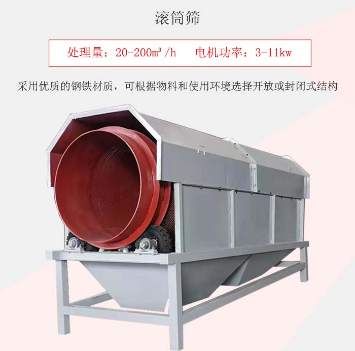 滾筒篩采用優(yōu)質(zhì)的鋼鐵材質(zhì)，可根據(jù)物料和使用環(huán)境選擇開放或封閉式結(jié)構(gòu)