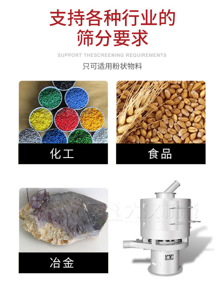 氣流篩用于礦粉，石墨粉，活性納米碳酸鈣，鋁灰，大豆粉，碳酸重鈣，石墨粉，木粉，干草，重金石粉，藥粉末，橡膠顆粒，草酸鹽，干料粉，木粉，聚酯粉，干粉，塑料，金屬粉末，橡膠粉，粉煤灰，石墨粉，陶瓷粉，鋅粉，石英粉，石灰粉，鐵粉，金屬硅粉等。