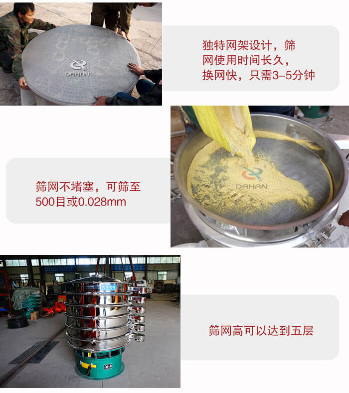 三次元振動篩的特點：篩網使用時間長換讓時間短，篩網不堵塞，可篩至500目或0.028mm。