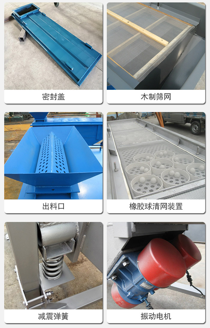直線篩分機(jī)的結(jié)構(gòu)展示圖：篩箱是物料主要篩分設(shè)備之一，篩網(wǎng)用于篩分物料，振動電機(jī)幫助篩網(wǎng)篩分。