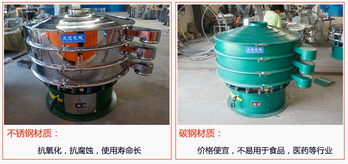 800型振動篩有不銹鋼和碳鋼兩種材質(zhì)，不銹鋼材質(zhì)：抗氧化，抗腐蝕，使用壽命長 碳鋼材質(zhì)：價格便宜，不易篩分食品，化工，醫(yī)藥等行業(yè)的物料。