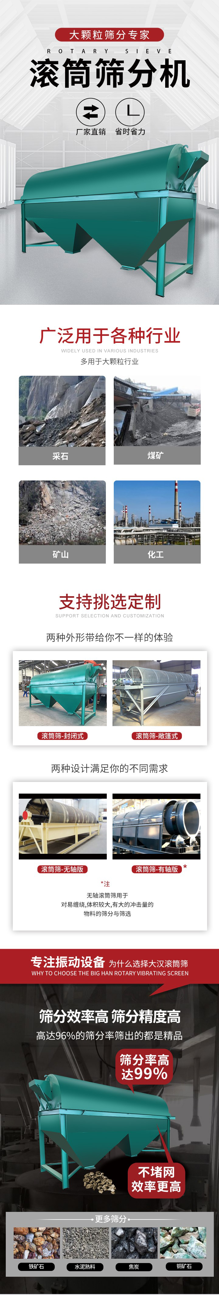 滾筒篩分機大顆粒篩分專家：廠家直銷，省時省力。滾筒篩被廣泛應(yīng)用各種行業(yè)：多用于大顆粒行業(yè)例如：采石，煤礦，礦山，化工等。滾筒篩定制類型有哪些：封閉式與敞篷式產(chǎn)品結(jié)構(gòu)分為：無軸式，有軸式兩種，無軸滾筒篩用于對纏繞，體積較大，有大的沖擊量的物料的篩分與篩選。滾筒篩篩分效率高篩分精度能夠達到：96%也比較適用于鐵礦石，水泥熟料，焦炭，銅礦石。滾筒篩特點：不飛粉末：密封隔離罩，密封性好，工作過程不會出現(xiàn)飛粉現(xiàn)象。外型尺寸是按筒體長計