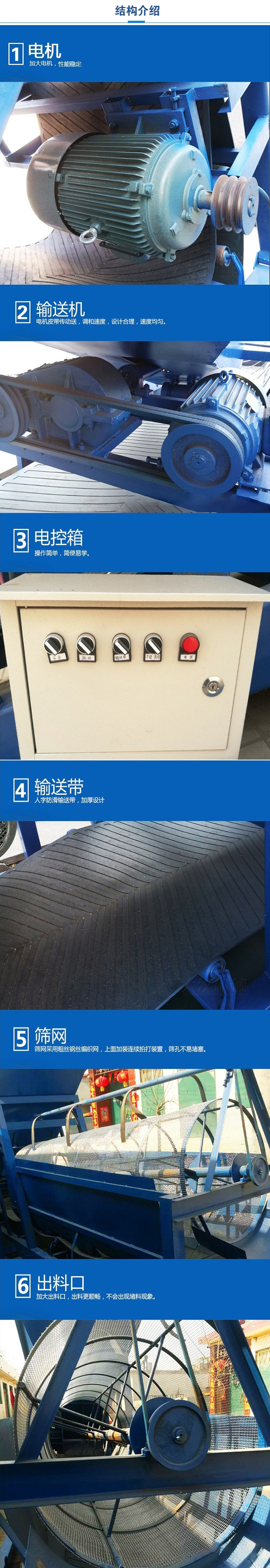 移動篩沙機結構:電機，加大電機，性能相對比較穩(wěn)定。輸送機：電機皮帶傳動送，調和速度，設計合理，速度均勻。電控箱：操作簡單，簡便易學。輸送帶：人字防滑輸送帶，加厚設計。篩網(wǎng)，采用粗絲鋼絲編織而成的篩網(wǎng)，上面加裝連續(xù)拍打裝置，篩孔不易堵塞。出料口：加大出料口，出料更順暢，不會出現(xiàn)堵料現(xiàn)象。