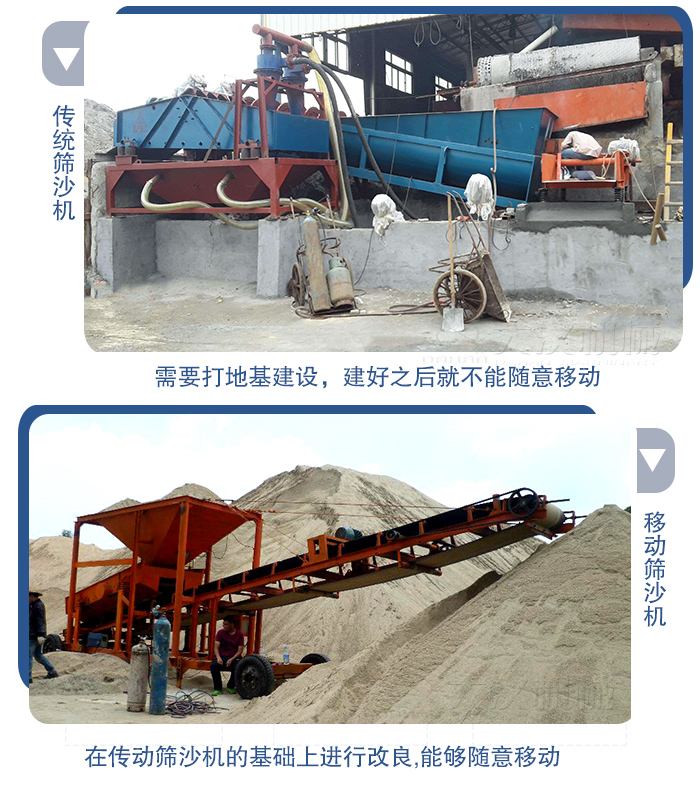 移動的篩沙機在安裝前需要打地基，而固定完畢后就不能隨意的移動，而移動篩沙機不需要打地并且隨時能夠進行移動。