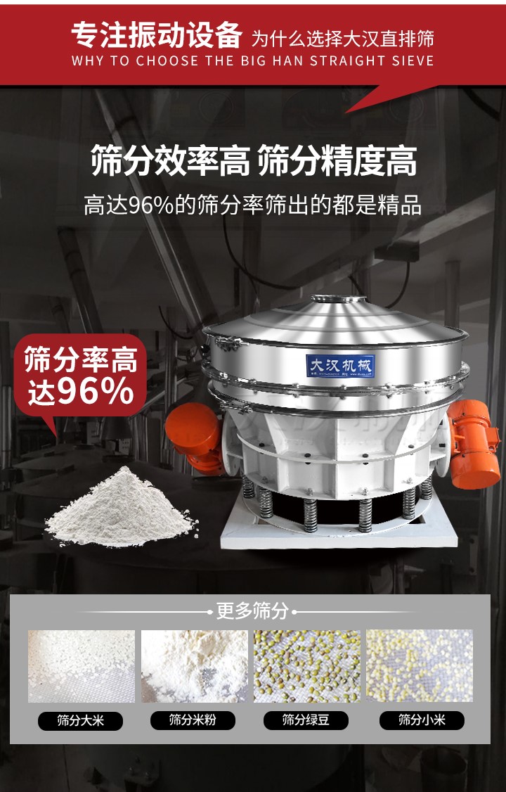 直排篩適用物料有面粉，淀粉，洗衣粉，金屬粉，添加劑，化工，非礦等行業(yè)。