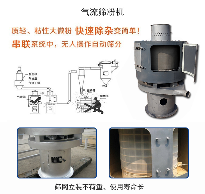 氣流篩粉機(jī)適用：質(zhì)輕，粘性大微粉采用串聯(lián)系統(tǒng)重，無人操作自動篩分 特點(diǎn)：篩網(wǎng)立裝不負(fù)重，使用壽命長。