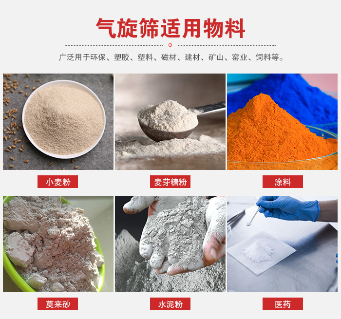 氣旋篩適用物料：小麥粉，麥芽糖粉，涂料，等粉狀物料。